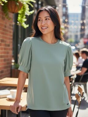Tahari Sage Green Puff Sleeve Crewneck Tee